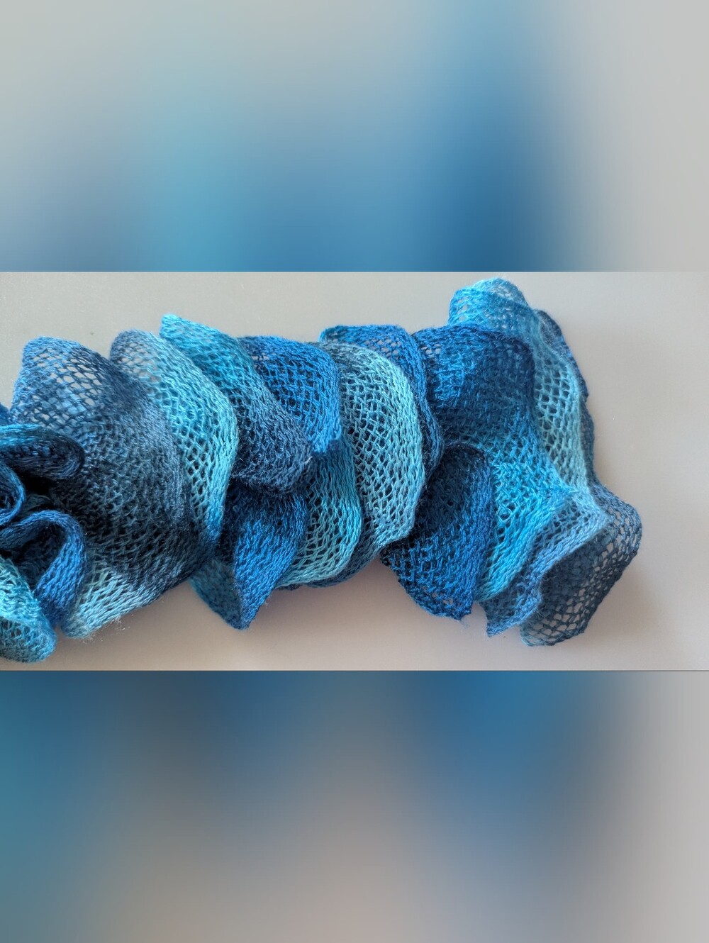 Multicolor Handmade Crocheted Fashion Ruffle Scarf Shades of Blue Teal 60" Long - Picture 10 of 14